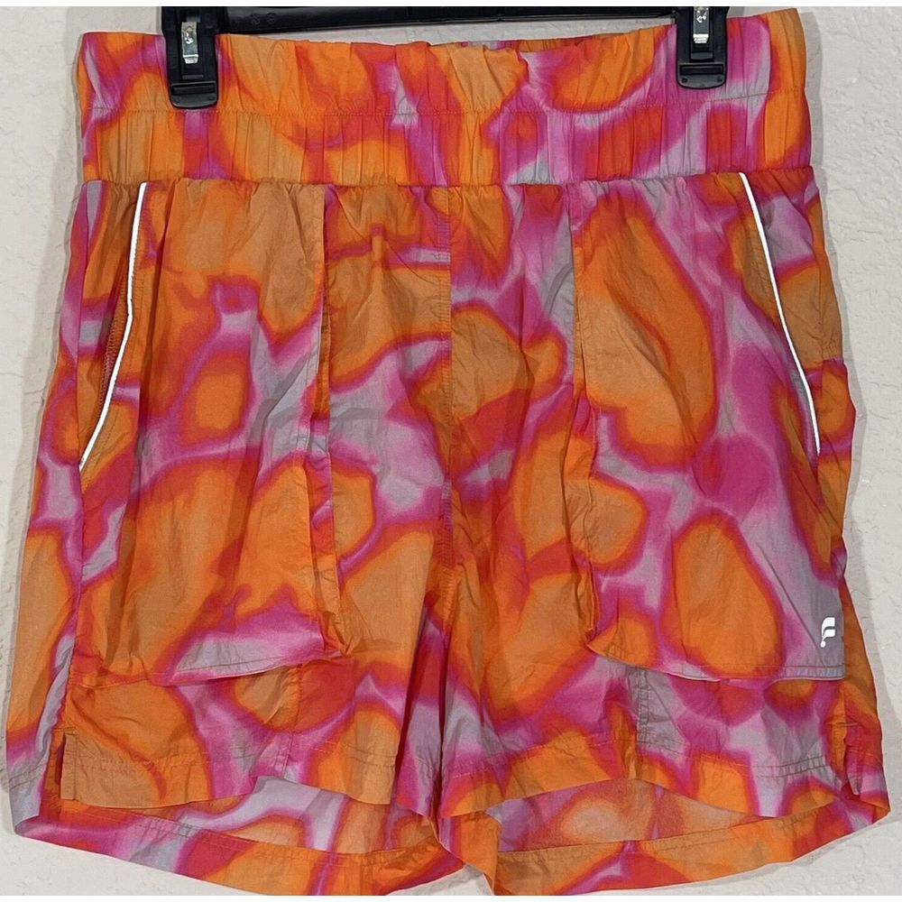 Fabletics Size Large High Rise Lightweight Reflective Orange Pink Shorts Pockets